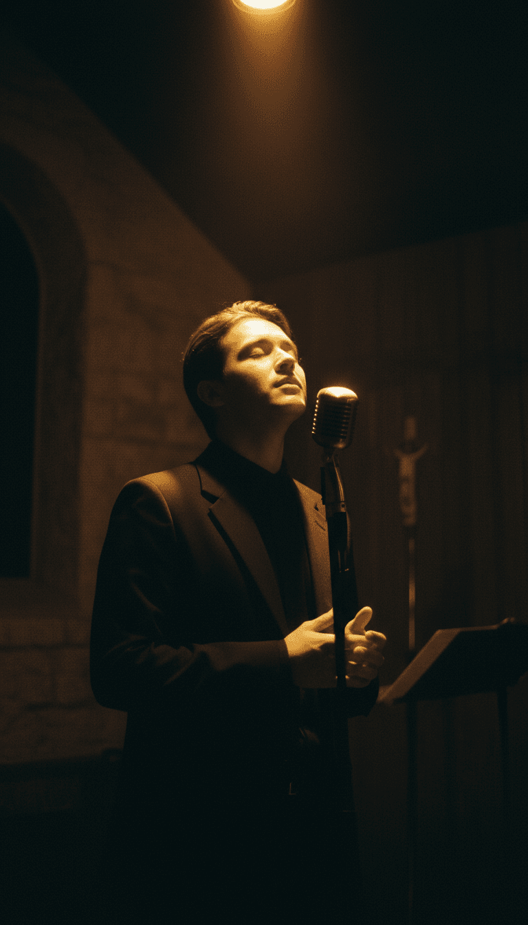Person singing at microphone in dramatic warm spotlight, worship atmosphere
