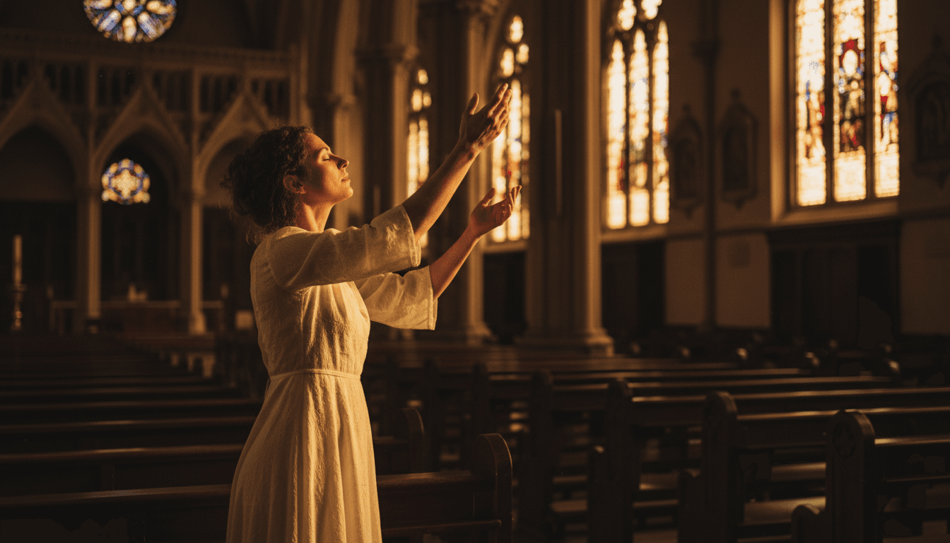 Gospel artist performing in a church with warm lighting and emotional presence