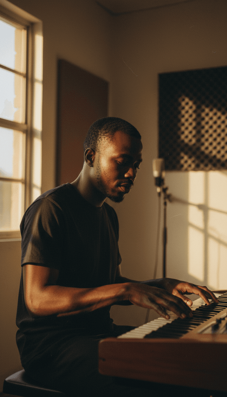 Musician playing keyboard in a Bamenda studio with golden light