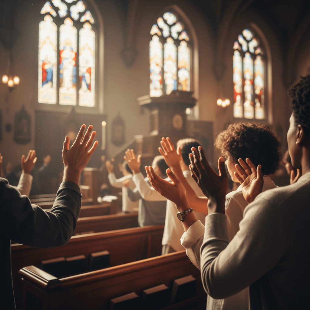 Hands raised in worship during a church service with warm golden light