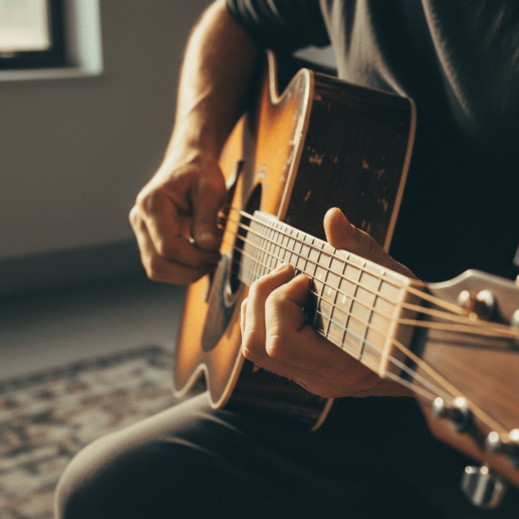 Artist with acoustic guitar in prayer