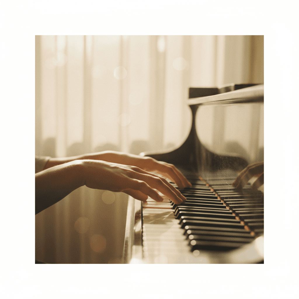Musician's hands on keyboard in golden light