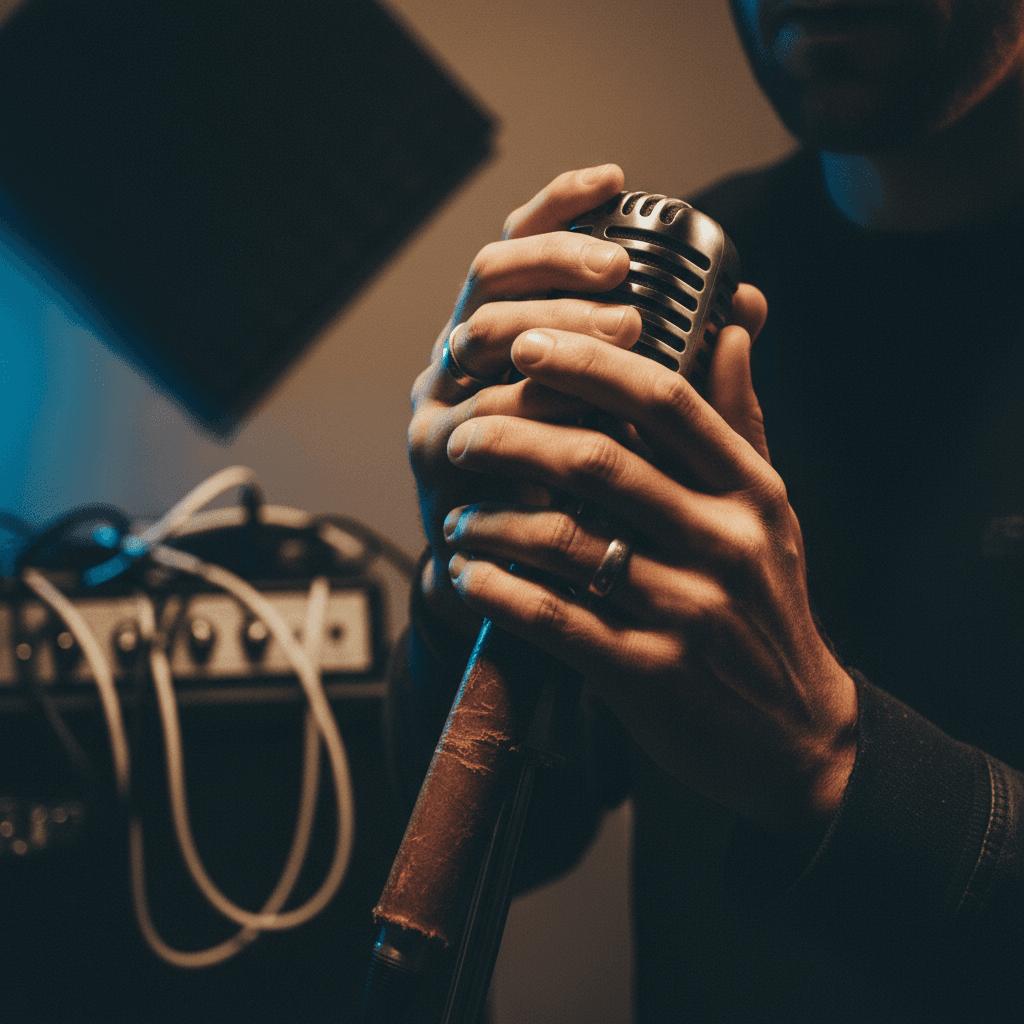 Female vocalist performing, emotional expression, dramatic studio lighting