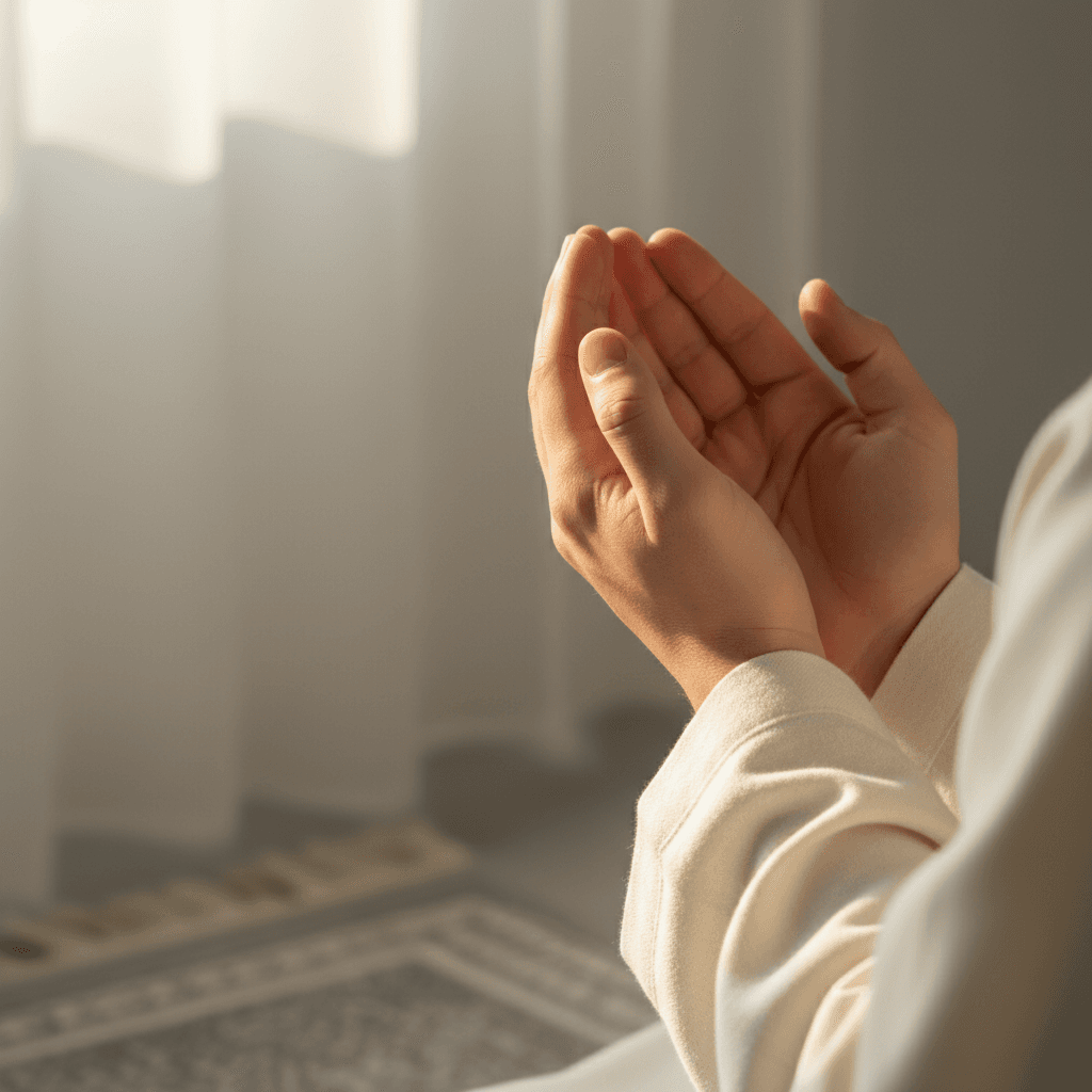 Hands clasped in prayer, dramatic window lighting, church setting
