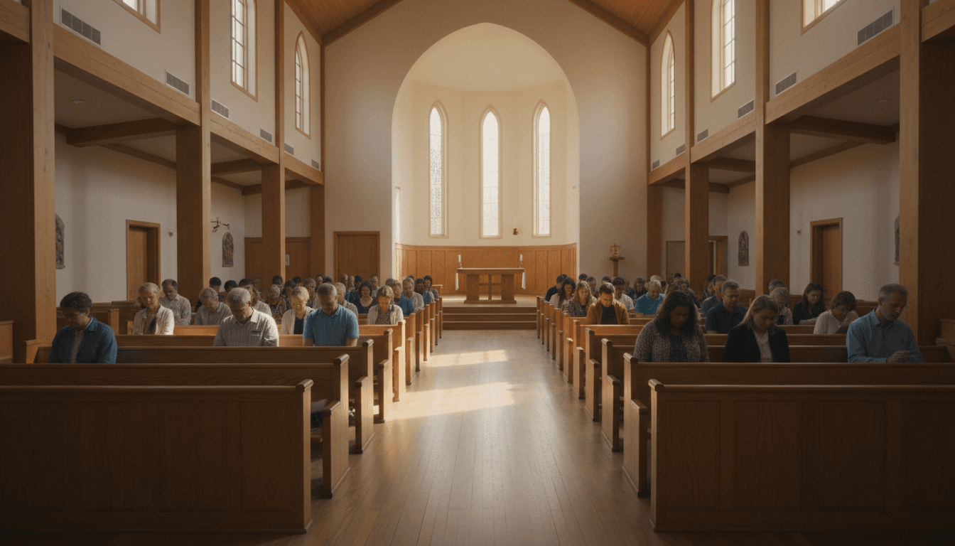 Person in quiet prayer at church altar