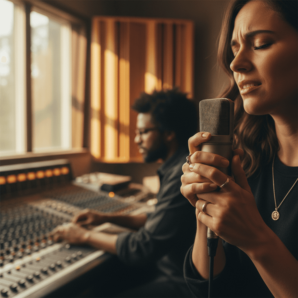 Microphone in home studio with golden light