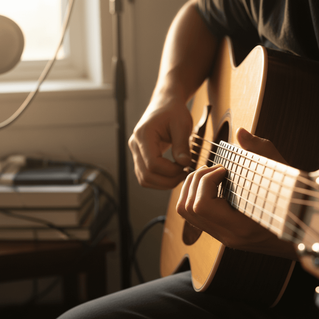 Hands on guitar strings during worship music recording session