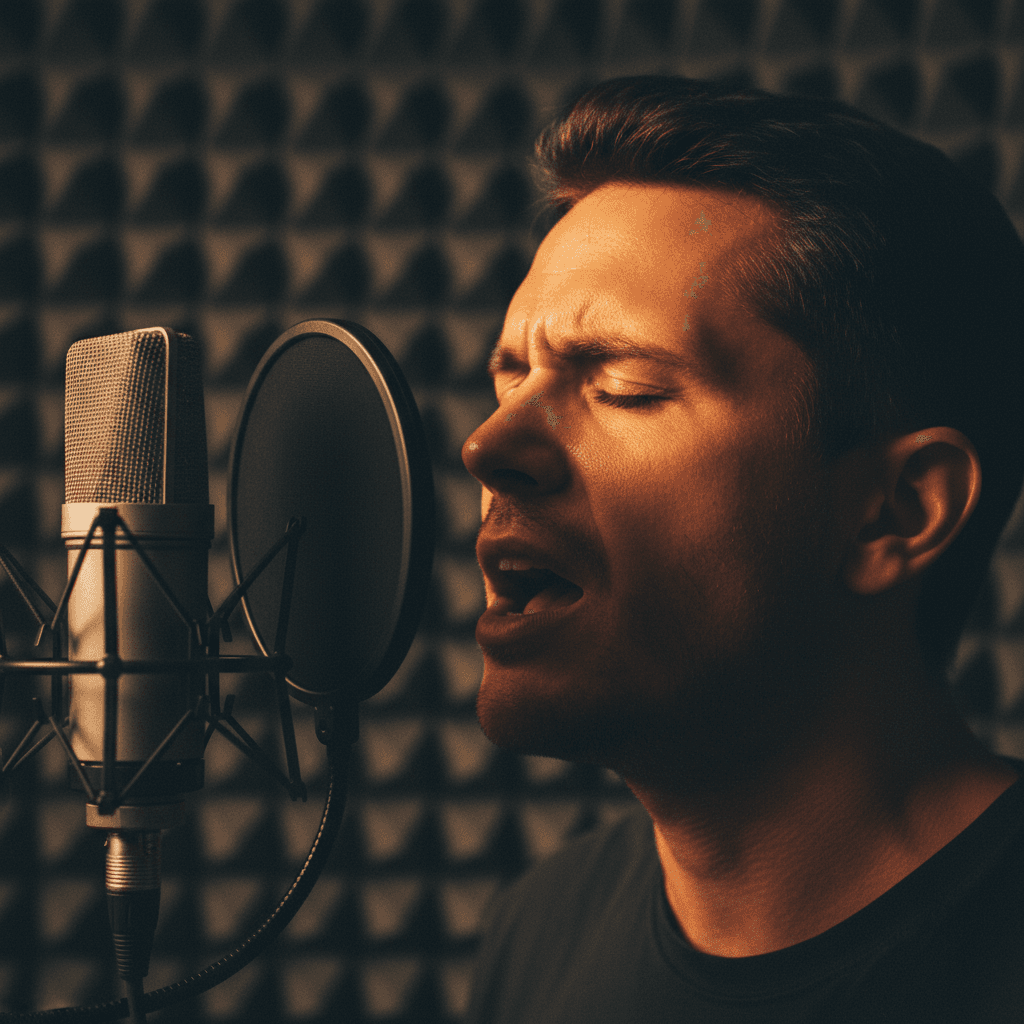 Singer at microphone in studio with warm overhead lighting