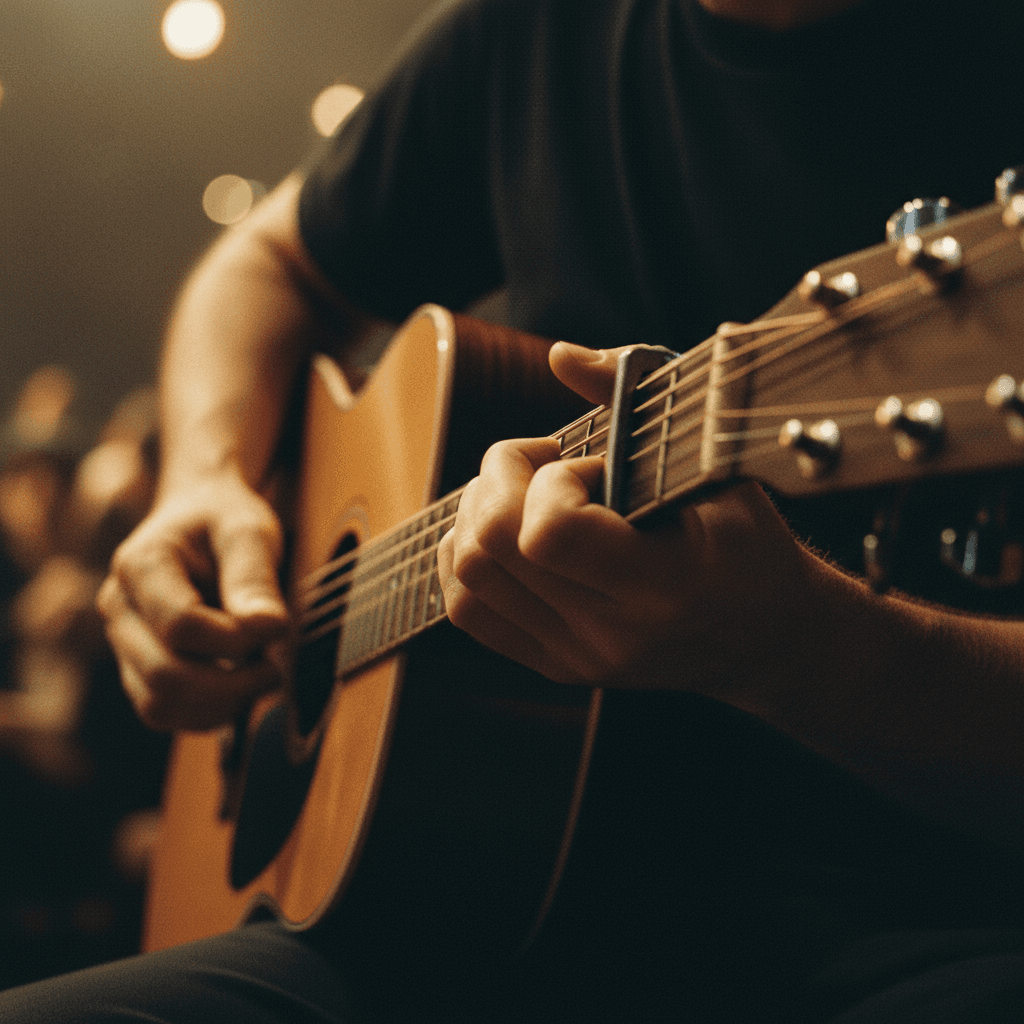 Musician performing worship music with acoustic guitar in intimate church setting