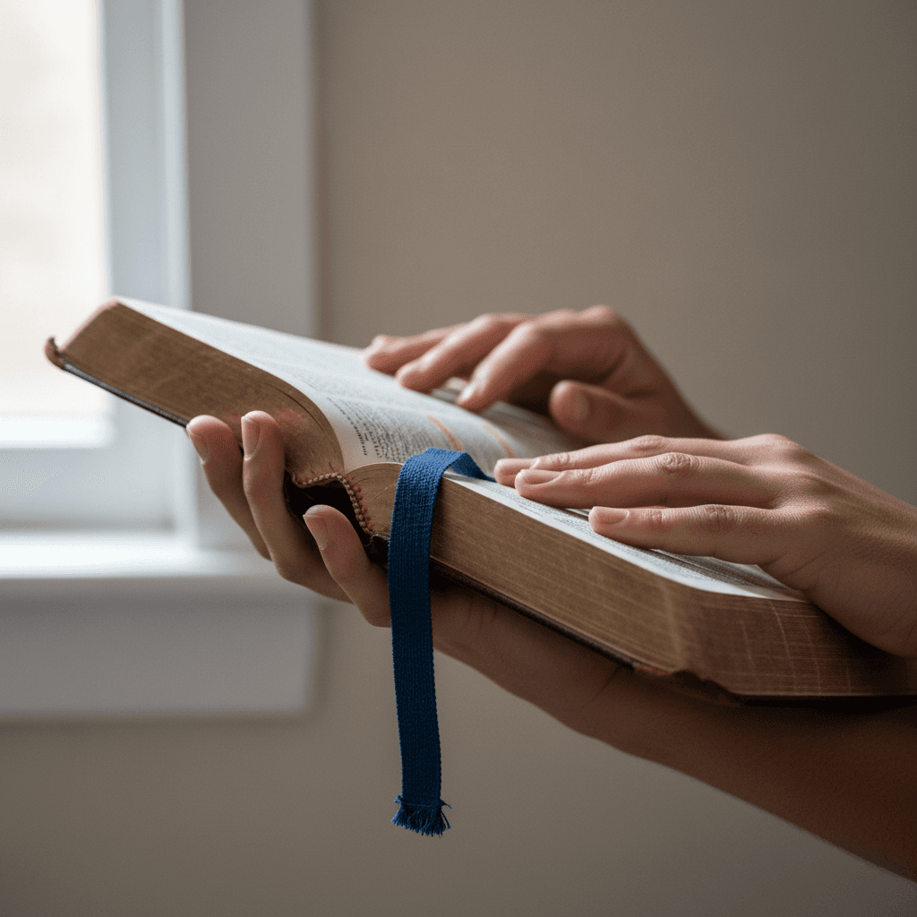 Hands holding an open Bible in warm candlelight