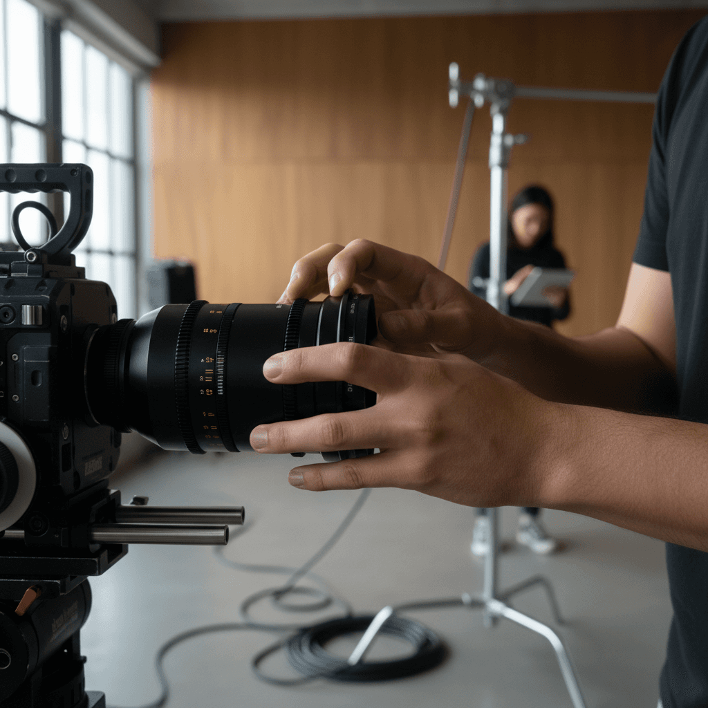 Video production crew setting up camera in Bamenda studio space